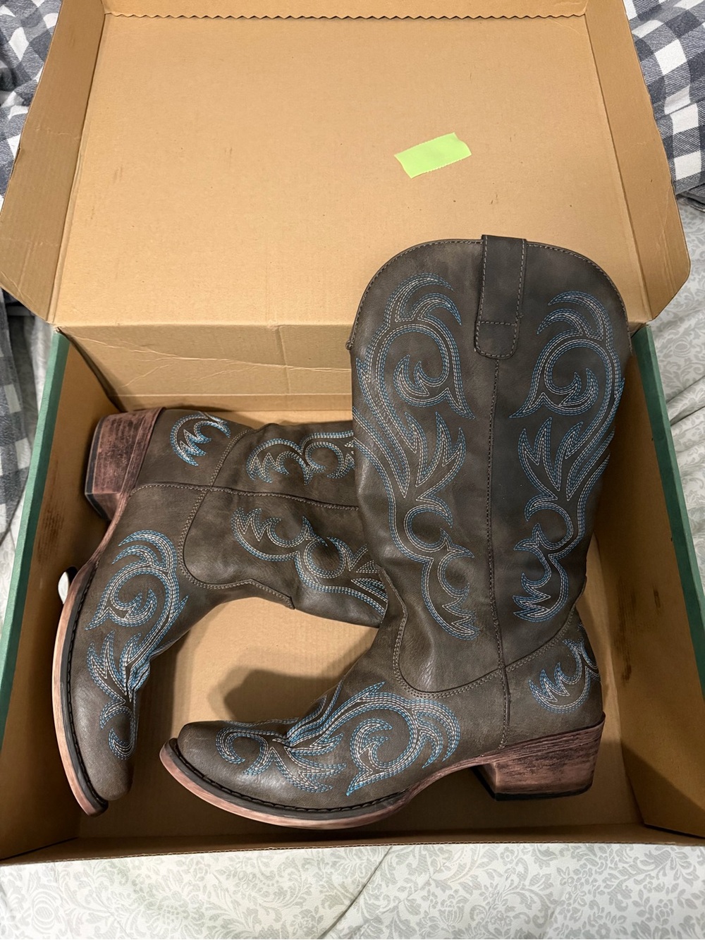 Roper Brown Leather Heeled Cowboy Boots with Blue Stitching